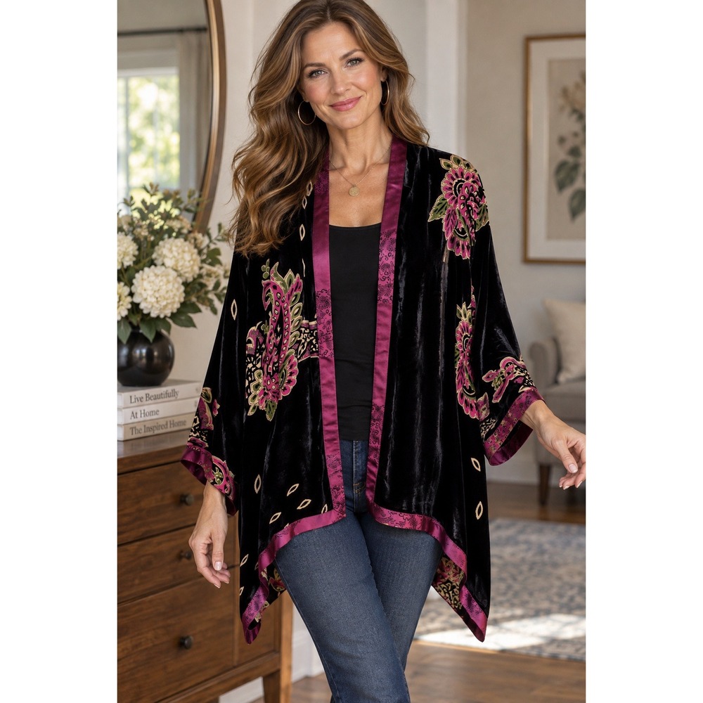Anis A Kimono Cardigan Women M Black Silk Blend Velvet Paisley Floral Whimsigoth